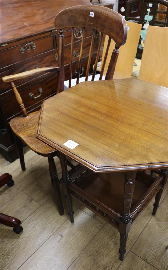 A Victorian octagonal topped occasional table and a Victorian elm and ash stick back elbow chair